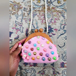 New, Bubble Gum Studded Pink, Wooden Closure, Clutch/Pearl Strap Purse